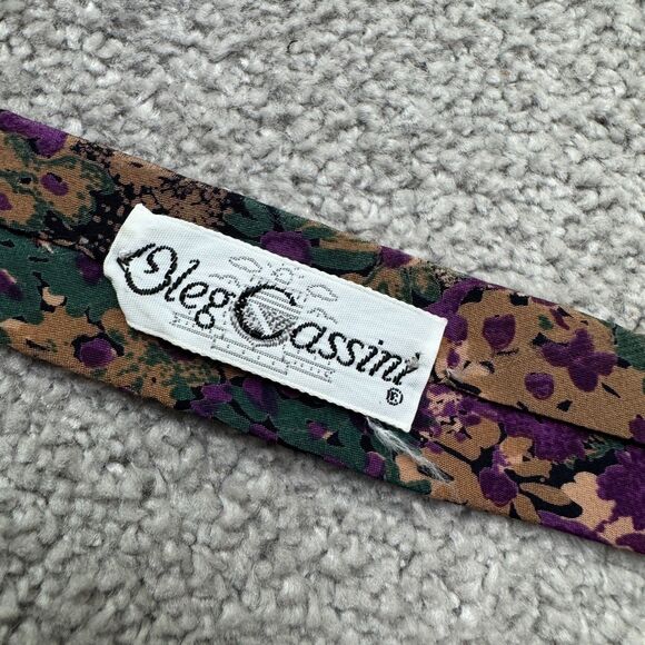 Oleg Cassini Vintage 90s Silk Necktie Mens Floral Abstract Purple Green Designer - Picture 6 of 9